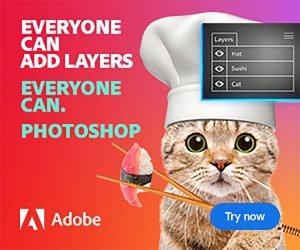 Adobe Photoshop: Everyone can add layers. Everyone can Photoshop. Cat with cook hat making sushi.