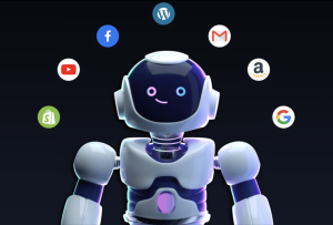 Jasper.ai robot surrounded by Social Media and Communication icons
