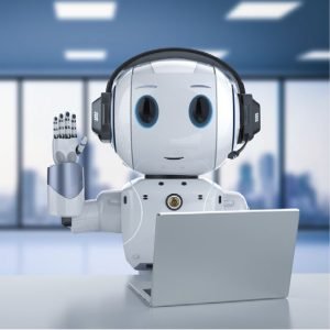 Cute AI Robot working on Laptop waving Hello